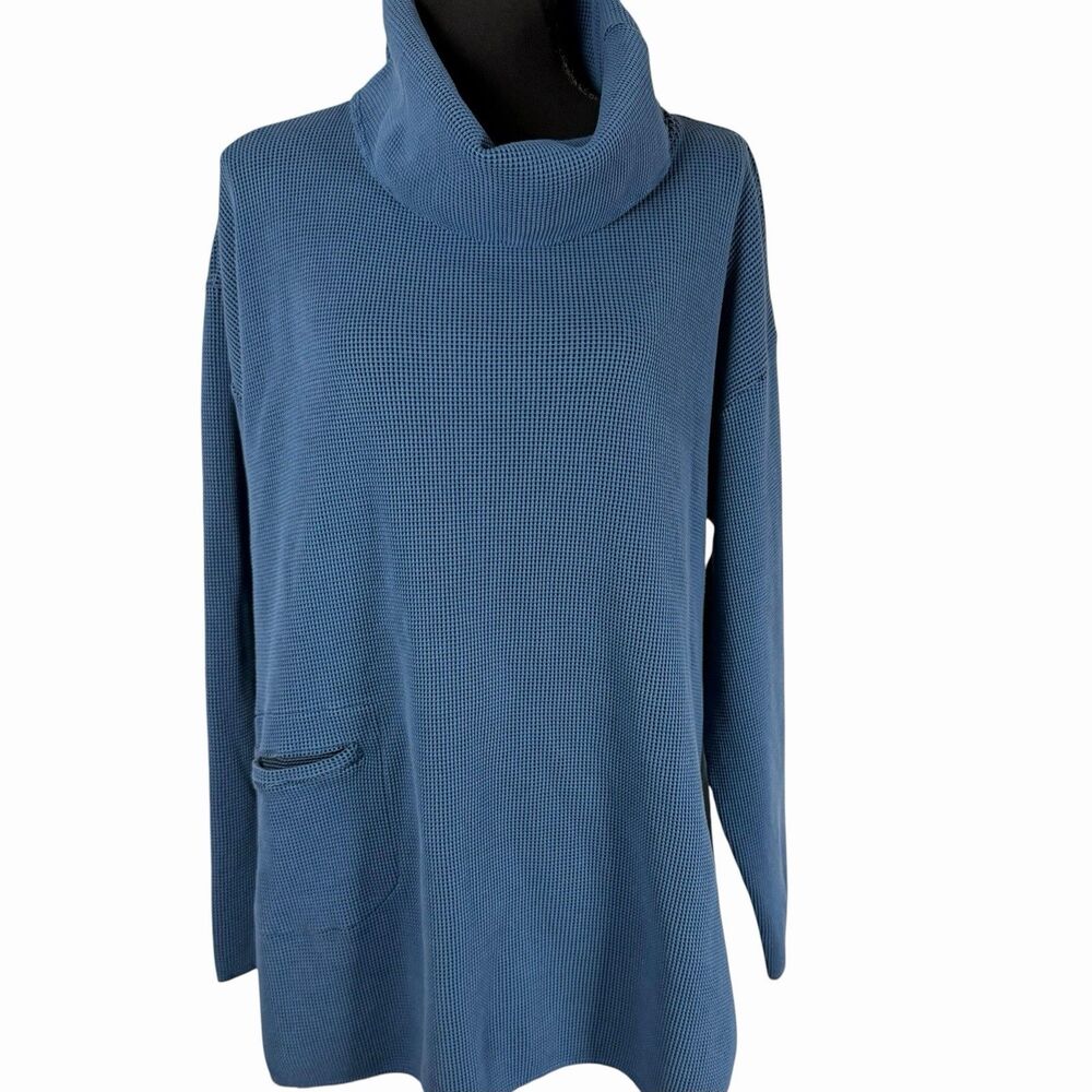 Fenini Women's Top L Cowl Neck Waffle Knit Asymmetrical Hem Long Sleeve Blue